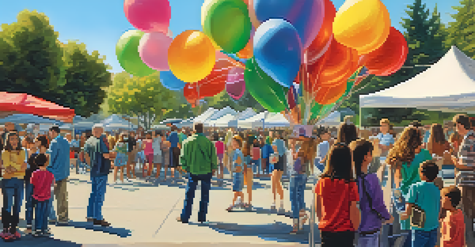 A community art showcase with young artists displaying their work surrounded by families and decorations.