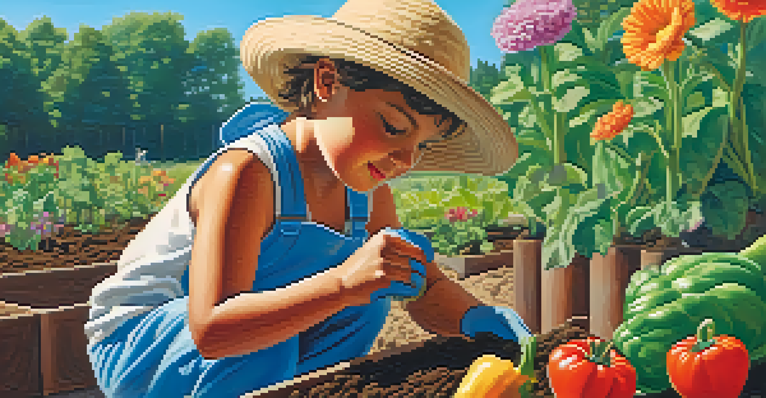 A child planting seeds in a colorful community garden, showcasing engagement with nature and healthy eating.