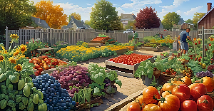A lively community garden with diverse people gardening together under sunlight, showcasing colorful fruits, vegetables, and flowers.