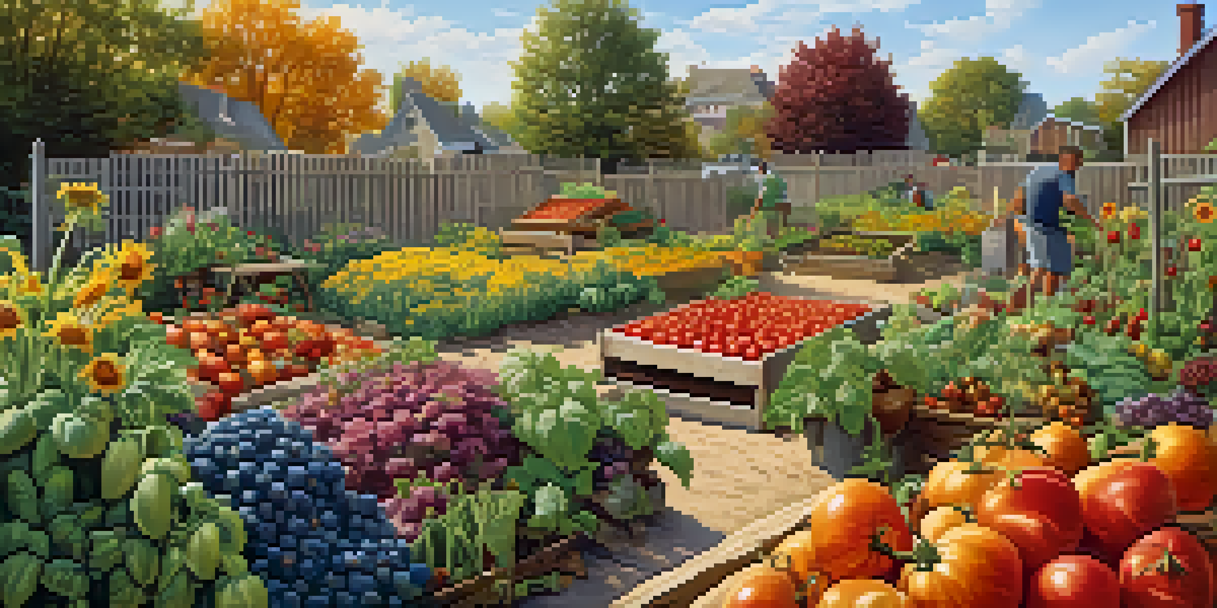 A lively community garden with diverse people gardening together under sunlight, showcasing colorful fruits, vegetables, and flowers.