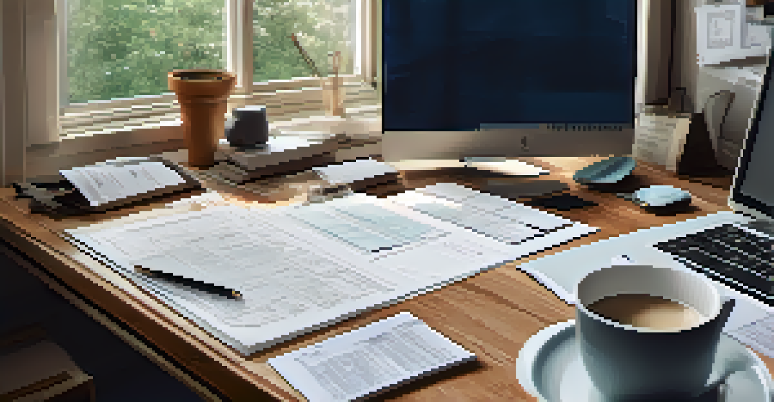 An architect's desk with blueprints, building permit documents, and a cup of coffee, illuminated by natural light.