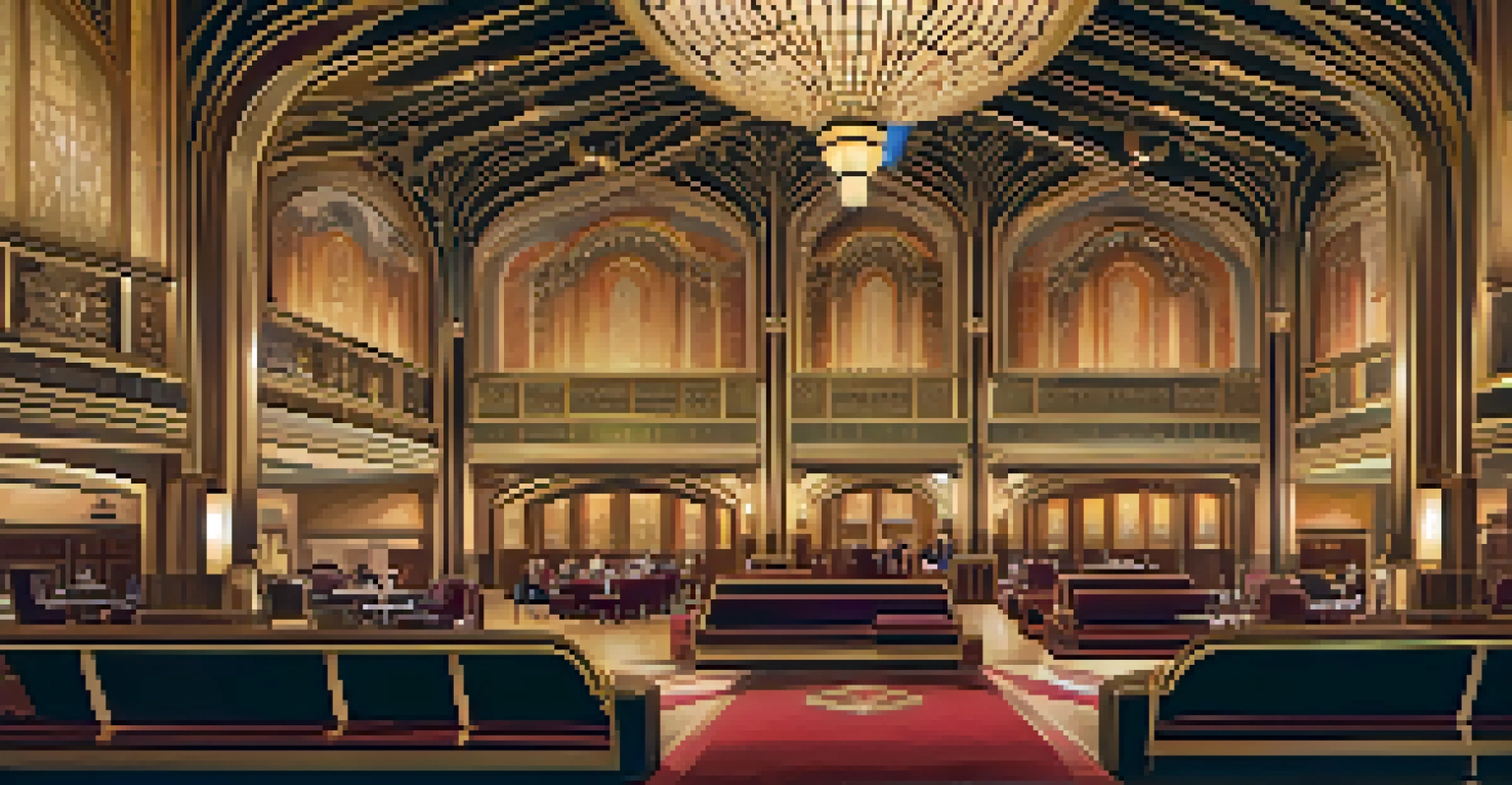 The grand lobby of the Fox Theatre, featuring plush seating and ornate ceiling details illuminated by soft lighting.