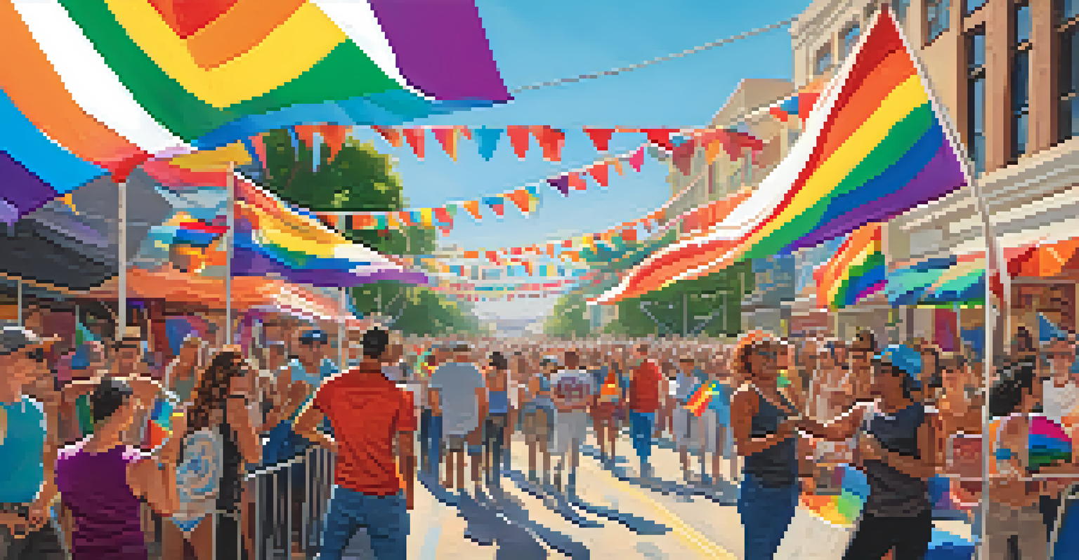 A joyful outdoor scene of the Pride Festival with colorful flags, performers, and a diverse crowd celebrating love and acceptance.