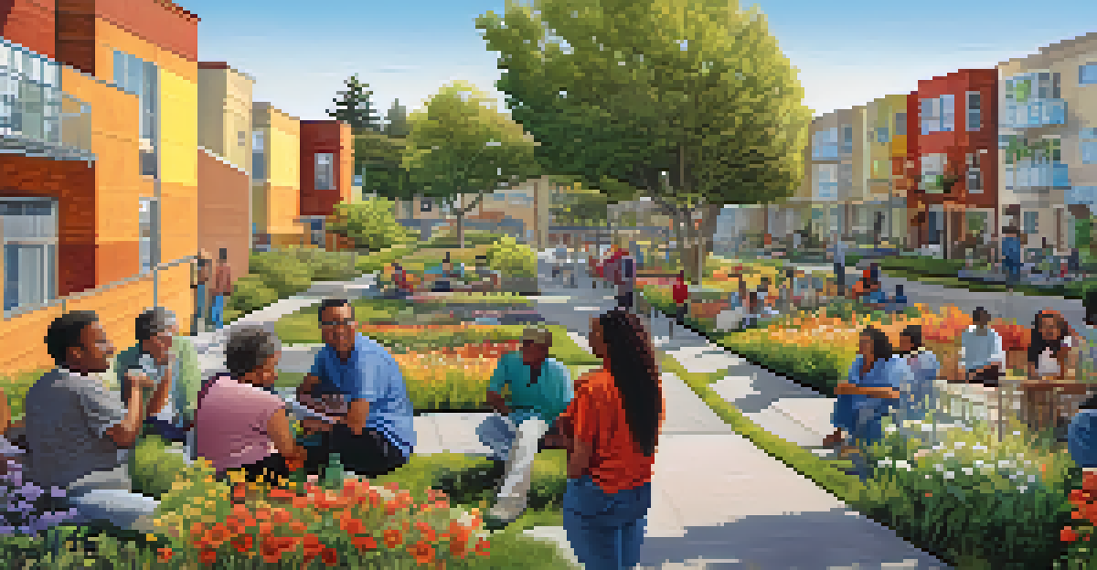 A community workshop in front of a mixed-income housing development in Redwood City, with people engaging and colorful murals.