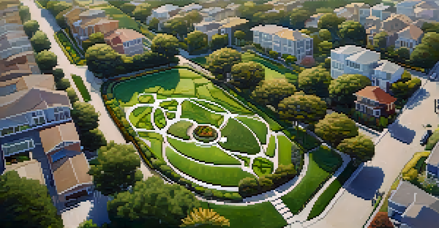 An aerial view of Redwood City displaying residential gardens with smart irrigation systems and thriving greenery.