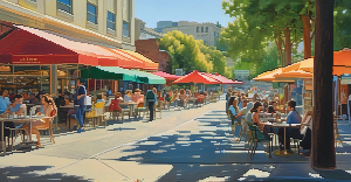 A lively street in Redwood City with outdoor dining and colorful umbrellas, showing people eating and shops with local support signs, bathed in warm sunlight.
