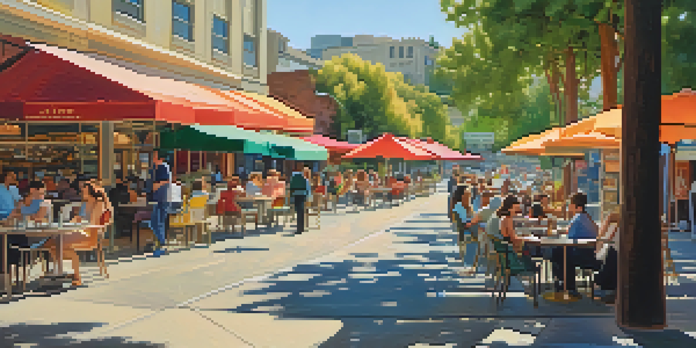 A lively street in Redwood City with outdoor dining and colorful umbrellas, showing people eating and shops with local support signs, bathed in warm sunlight.