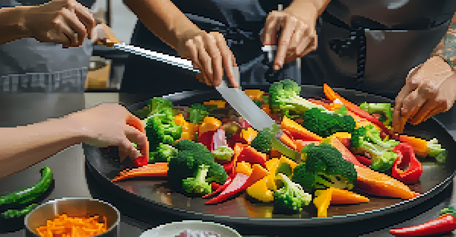 Close-up of hands chopping fresh vegetables for stir-fry in a cooking class, with students observing in the background.
