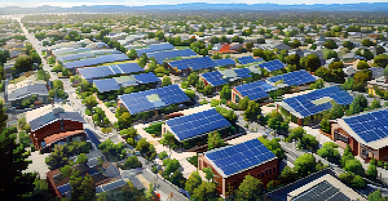 Aerial view of Redwood City showcasing solar panels, wind turbines, and green spaces.