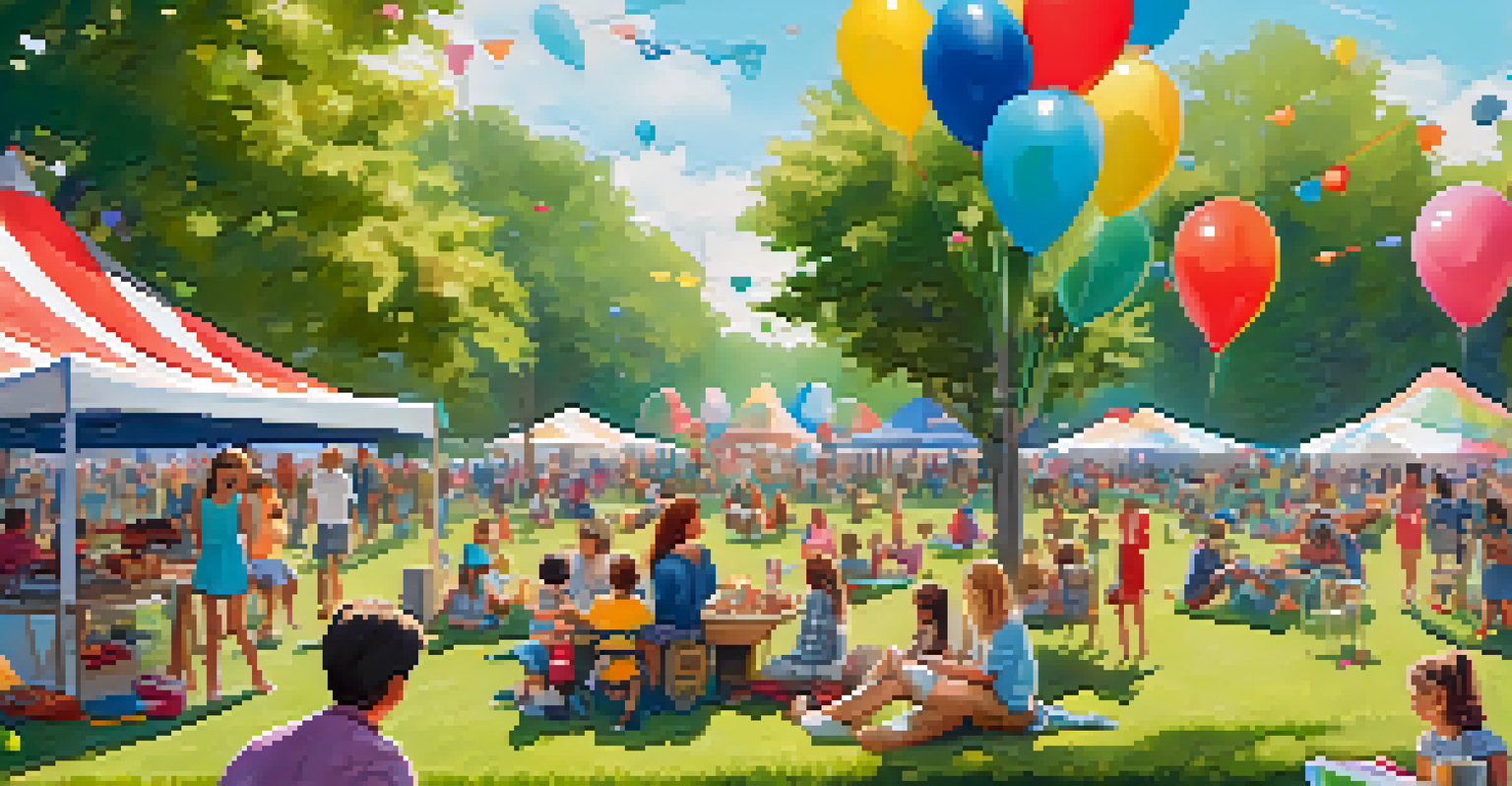 A family enjoying a summer concert in a park, with children playing, picnic blankets on the grass, and food trucks in the background.