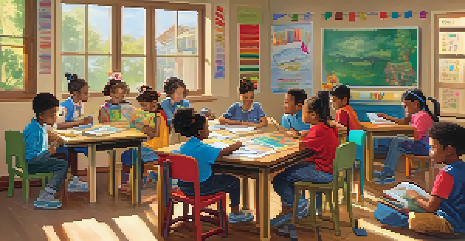 A diverse group of children in an after-school program, working on homework with a tutor in a bright and colorful classroom.