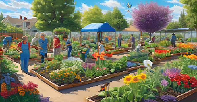 A lively community garden with people of different ages working together, surrounded by colorful flowers and vegetables under a sunny sky.