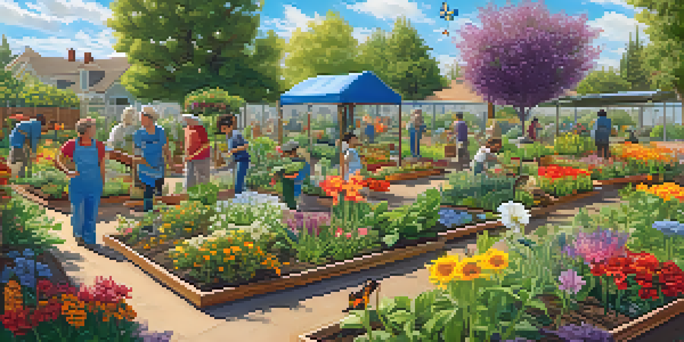 A lively community garden with people of different ages working together, surrounded by colorful flowers and vegetables under a sunny sky.