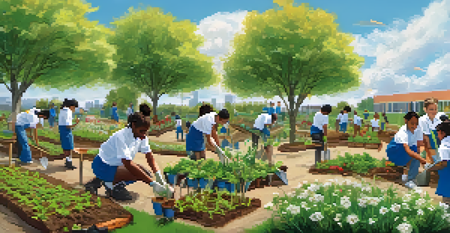 Students planting trees and flowers in an outdoor school garden, collaborating under a clear blue sky.