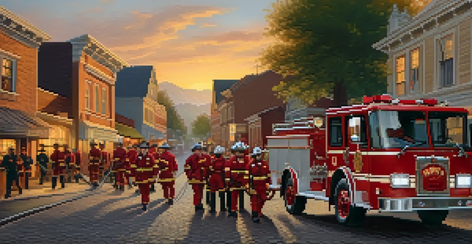 A historic scene of the Redwood City Fire Department in the mid-1800s with volunteer firefighters and a vintage fire engine in a small town.