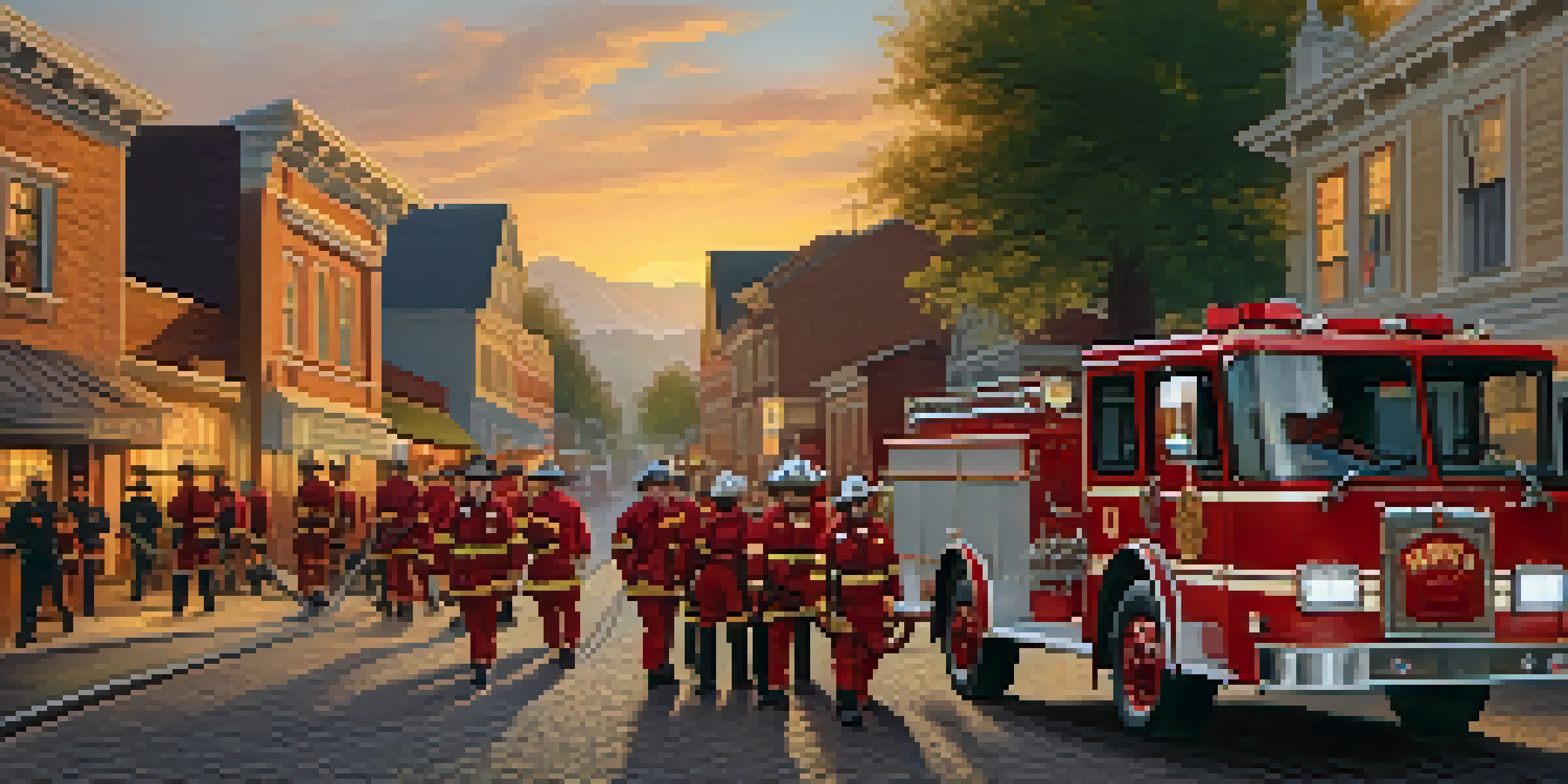 A historic scene of the Redwood City Fire Department in the mid-1800s with volunteer firefighters and a vintage fire engine in a small town.