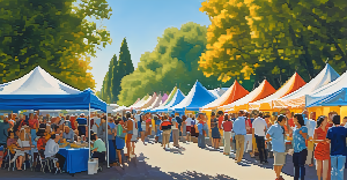 A vibrant cultural event in Redwood City with a crowd enjoying art, food, and music, surrounded by colorful tents and a sunny sky.