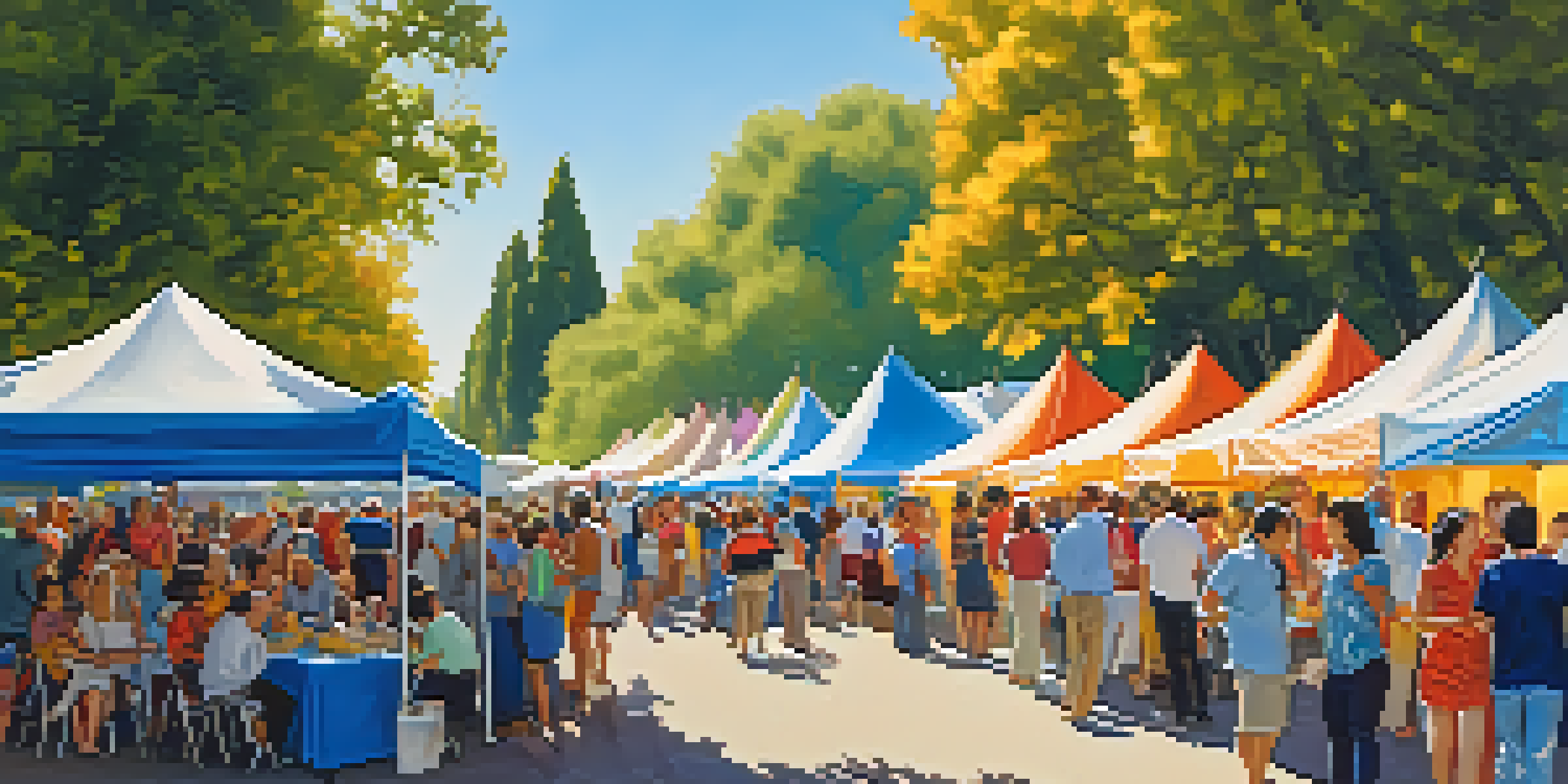 A vibrant cultural event in Redwood City with a crowd enjoying art, food, and music, surrounded by colorful tents and a sunny sky.