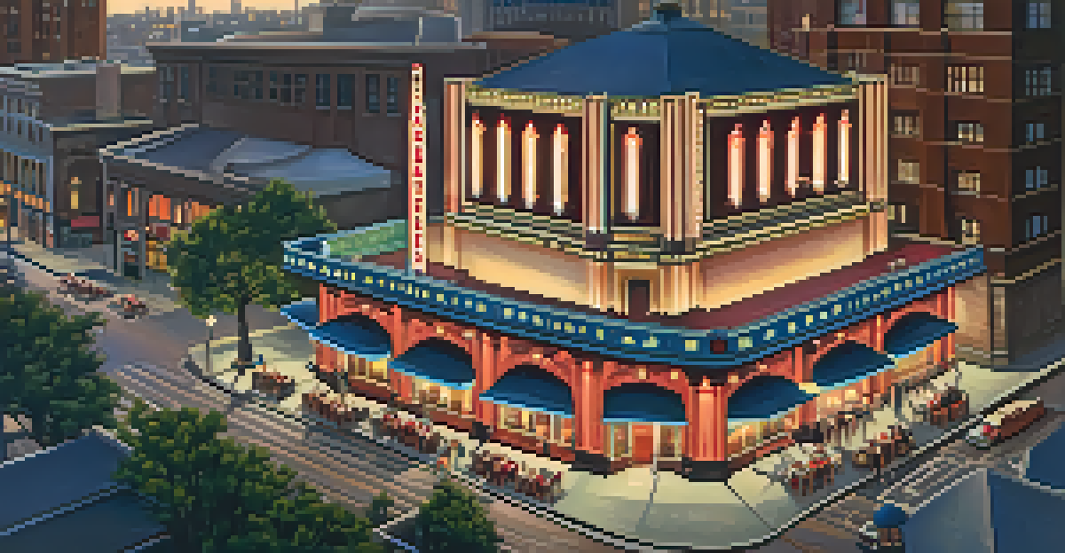 Aerial view of The Fox Theatre Rooftop with diners enjoying meals and craft cocktails as evening approaches.
