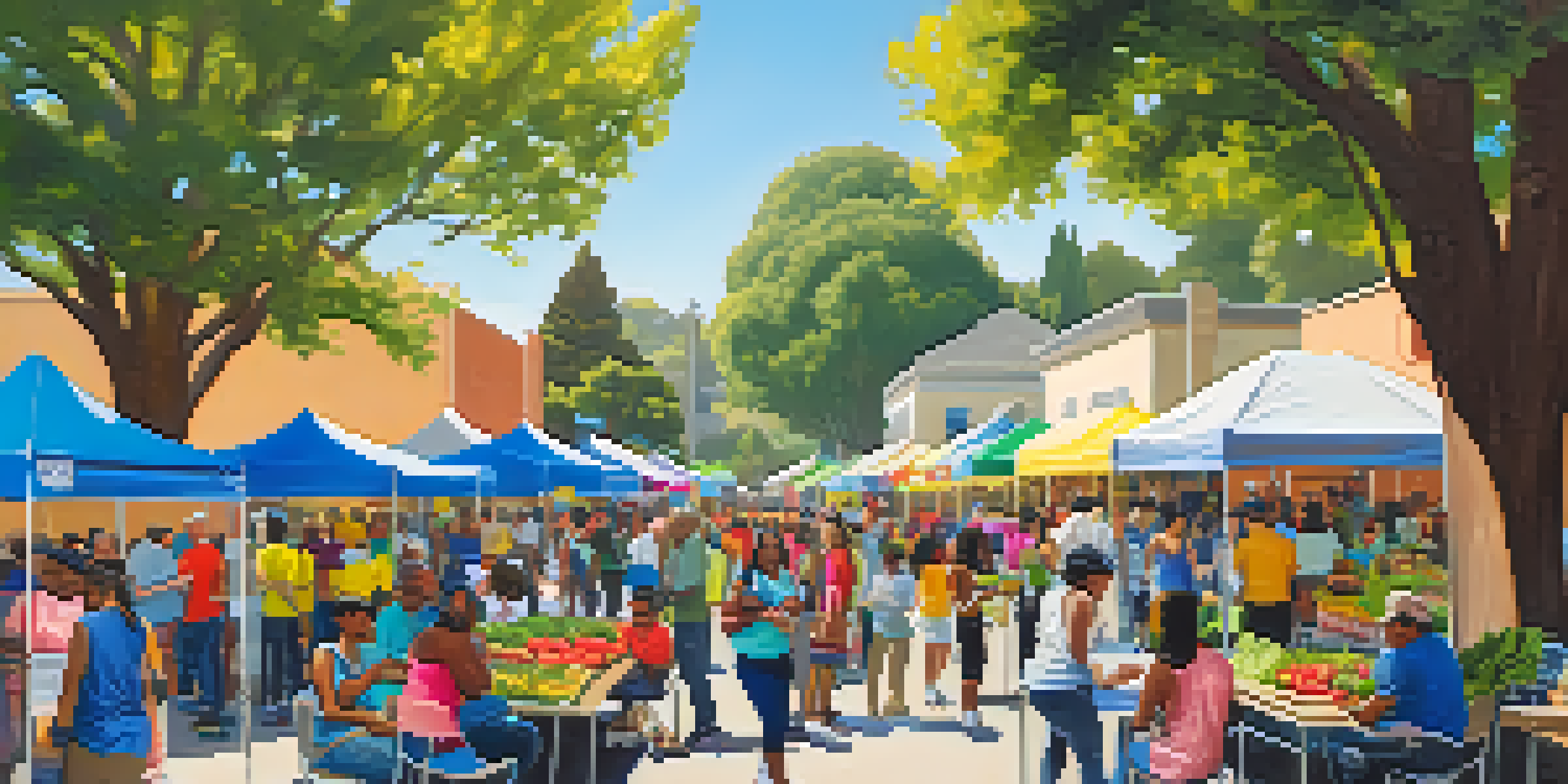 A lively community health fair with residents participating in nutrition workshops and fitness activities, surrounded by colorful booths and trees.
