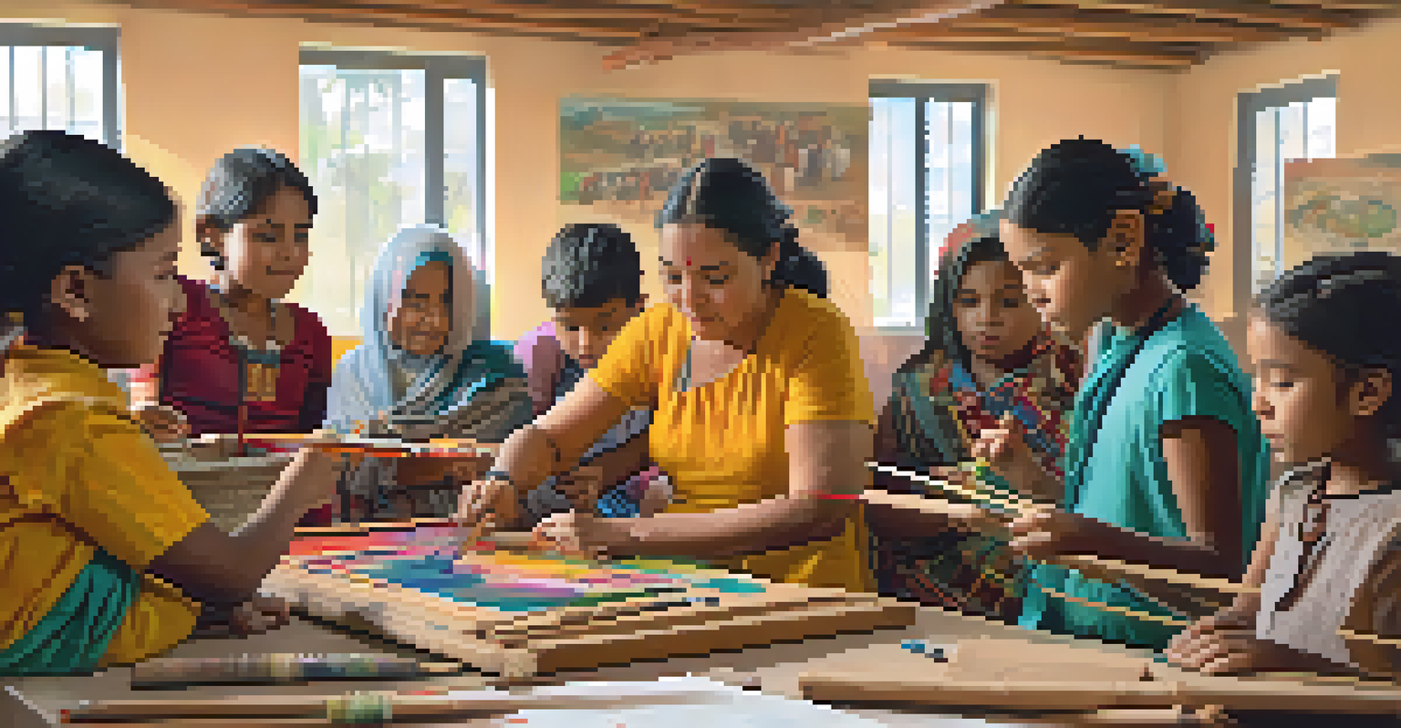 A diverse group participating in a traditional craft workshop at a community center, with a teacher guiding them.