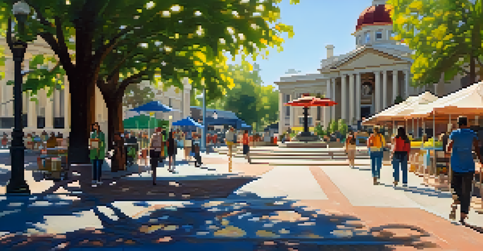 A picturesque view of Old Courthouse Square with the historic courthouse and a bustling farmers' market, surrounded by greenery and sunlight.