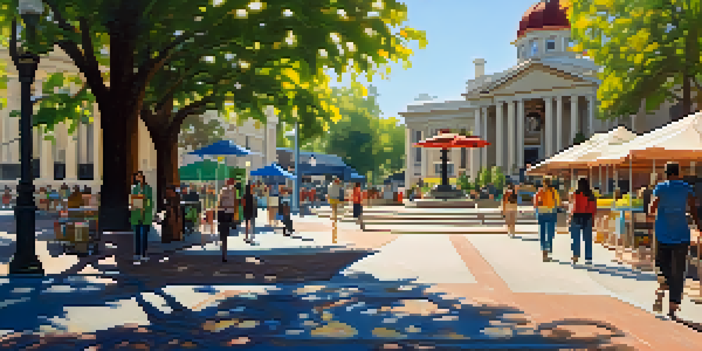 A picturesque view of Old Courthouse Square with the historic courthouse and a bustling farmers' market, surrounded by greenery and sunlight.