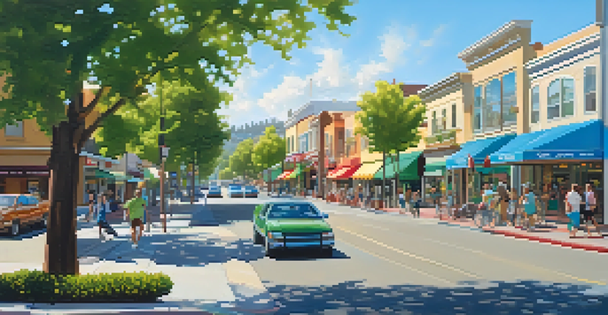 A lively neighborhood with colorful stores and parks, showing families enjoying their day under a bright blue sky.