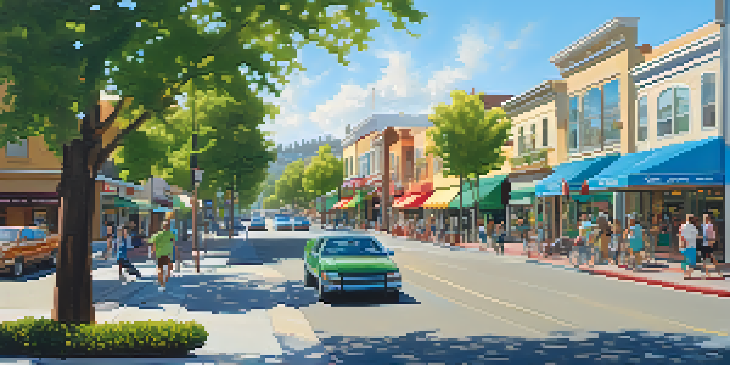 A lively neighborhood with colorful stores and parks, showing families enjoying their day under a bright blue sky.