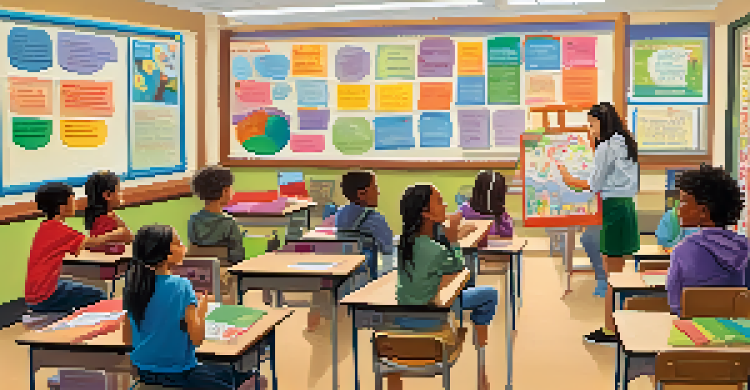 A classroom in Redwood City filled with students learning about mental health, with a teacher and colorful educational posters.