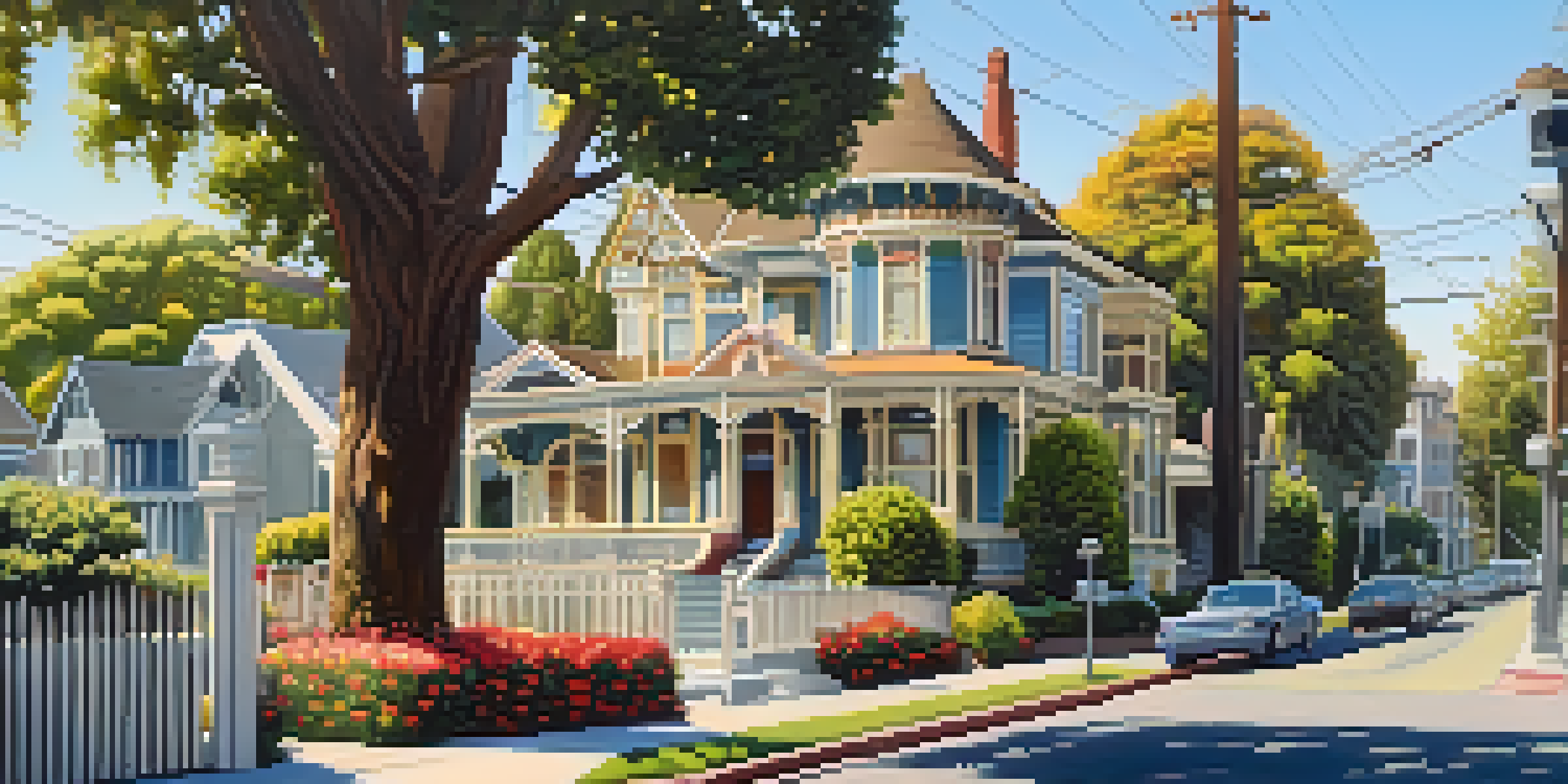 A scenic view of Redwood City's Historic District featuring restored Victorian homes and commercial buildings under warm sunlight.