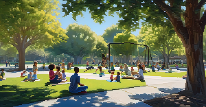 A lively park filled with families and children playing, under a sunny blue sky.