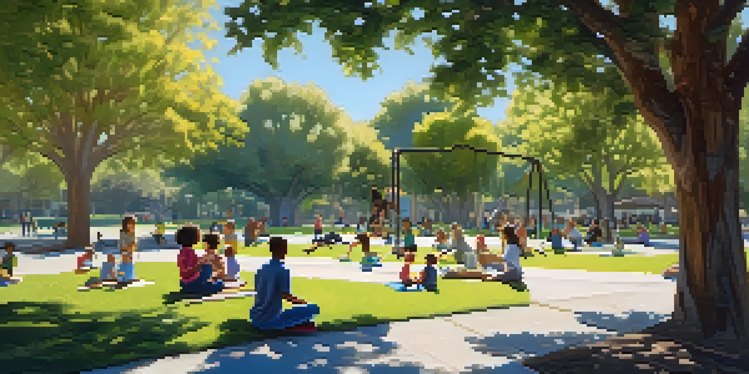A lively park filled with families and children playing, under a sunny blue sky.