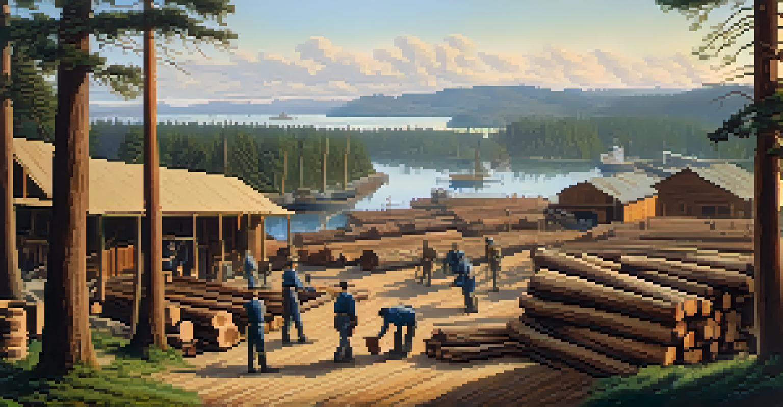 A scenic view of Redwood City's lumber industry during the Civil War, featuring workers and a lumber mill amid towering trees.