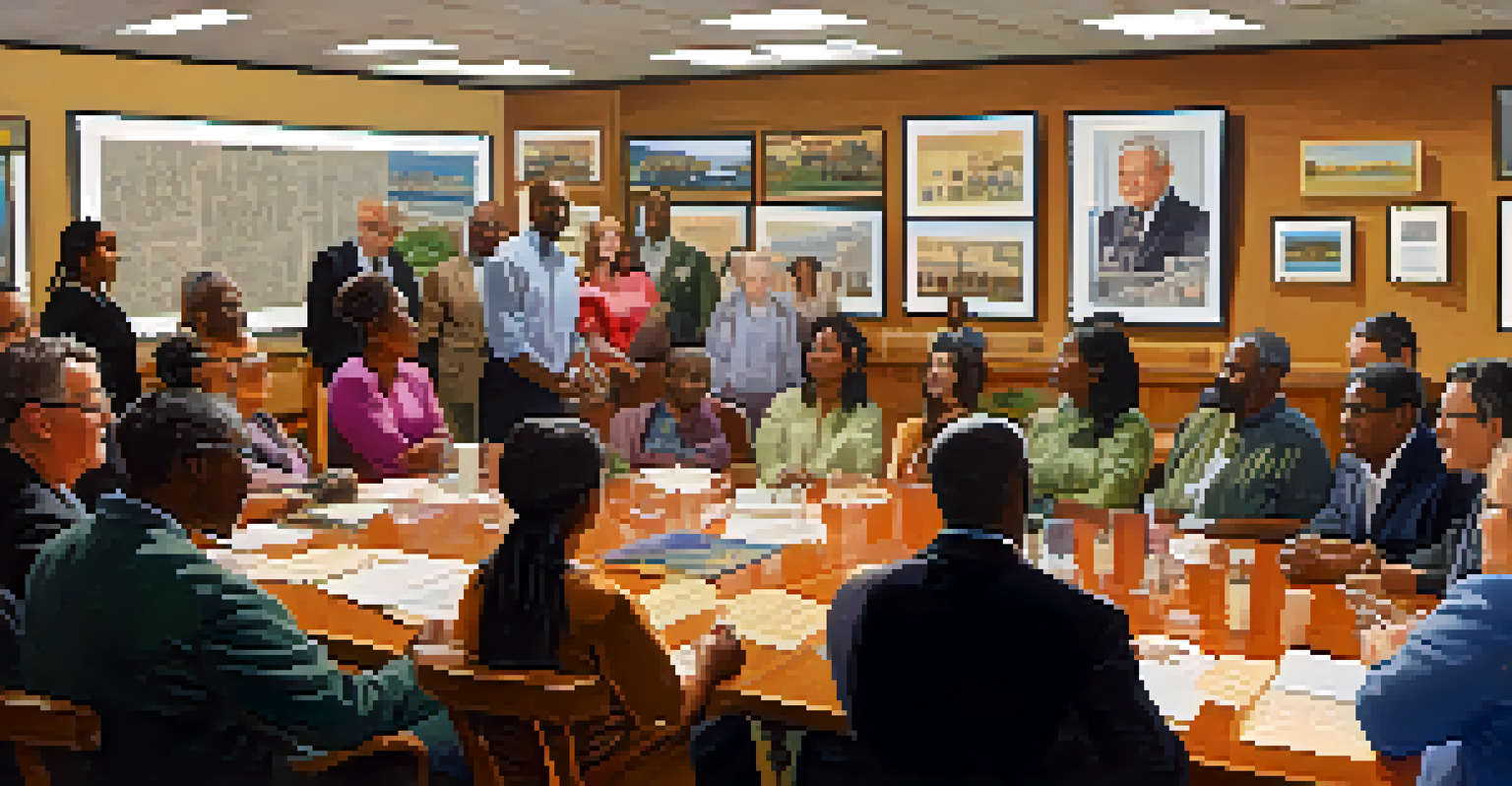 A community meeting in Redwood City with diverse residents discussing local issues, inspired by Hiram Johnson's legacy.