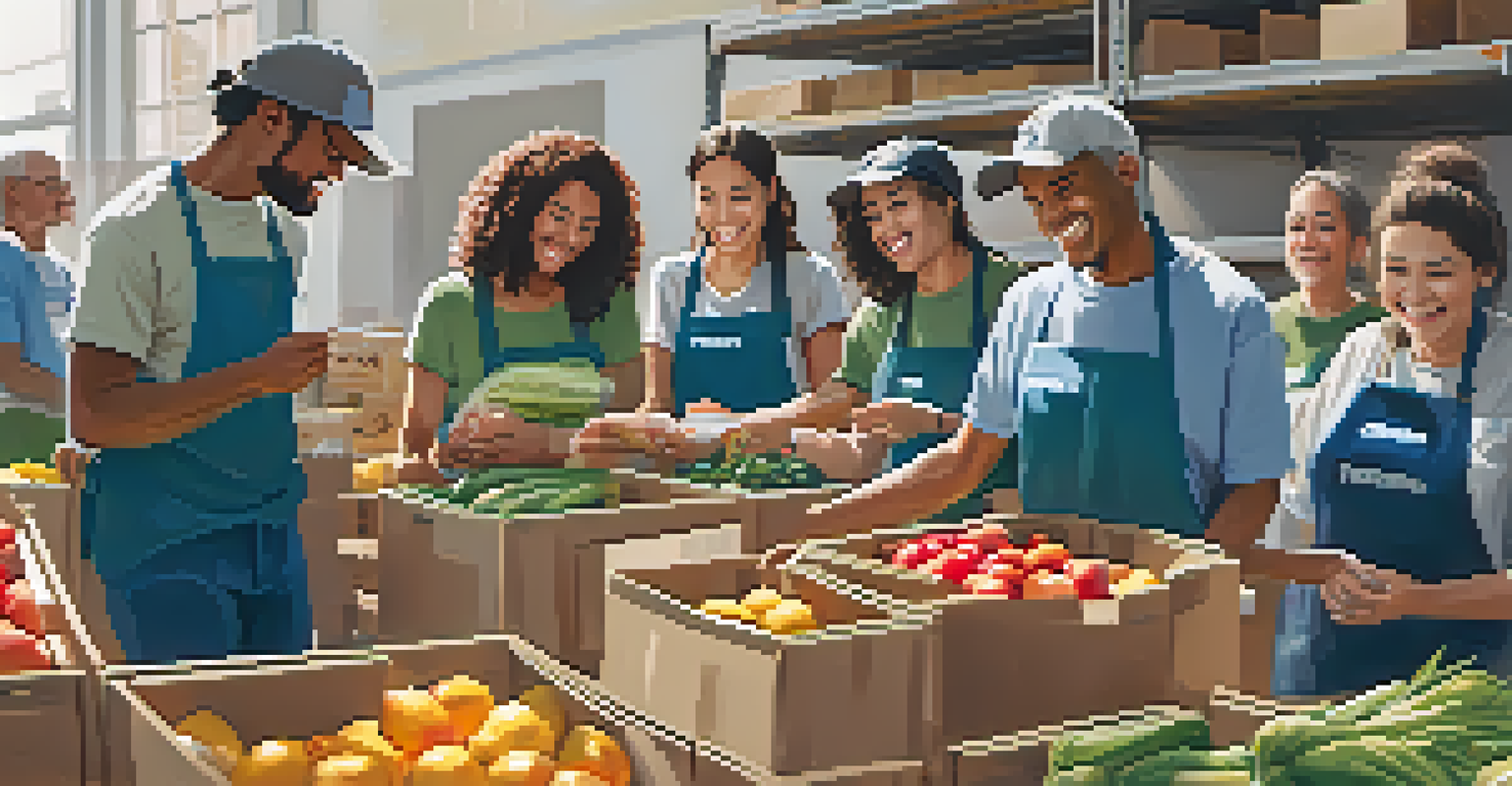 Volunteers sorting food in a community food bank, surrounded by fresh produce and canned goods, showcasing teamwork and community spirit.