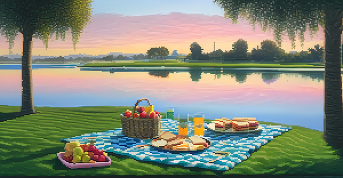A beautiful picnic scene at Redwood Shores Lagoon, with a blanket, food, and a sunset over the water.