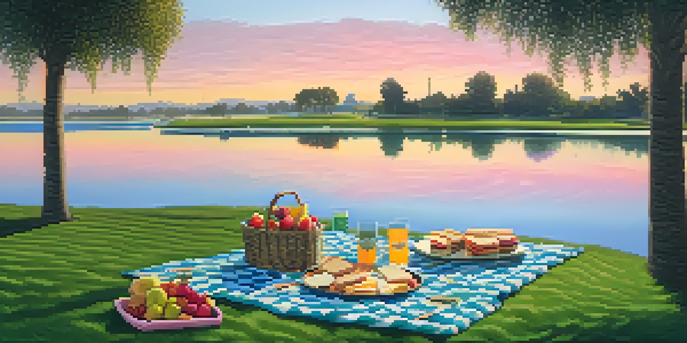 A beautiful picnic scene at Redwood Shores Lagoon, with a blanket, food, and a sunset over the water.
