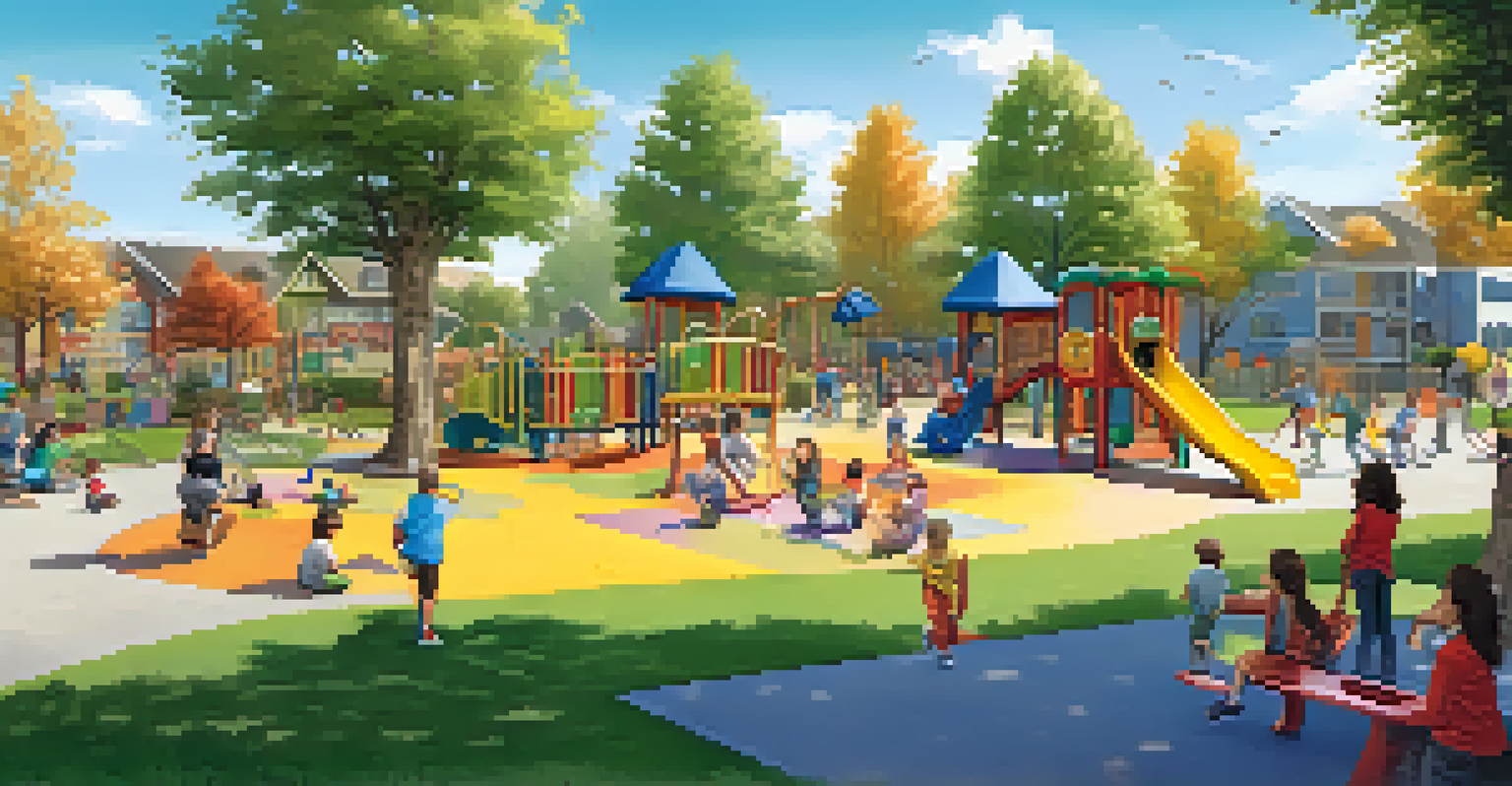 A lively outdoor preschool play area with children playing on swings and climbing structures, surrounded by greenery and engaged parents.