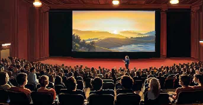 A packed cinema audience watching a film, with a bright screen and a filmmaker speaking during a Q&A session.