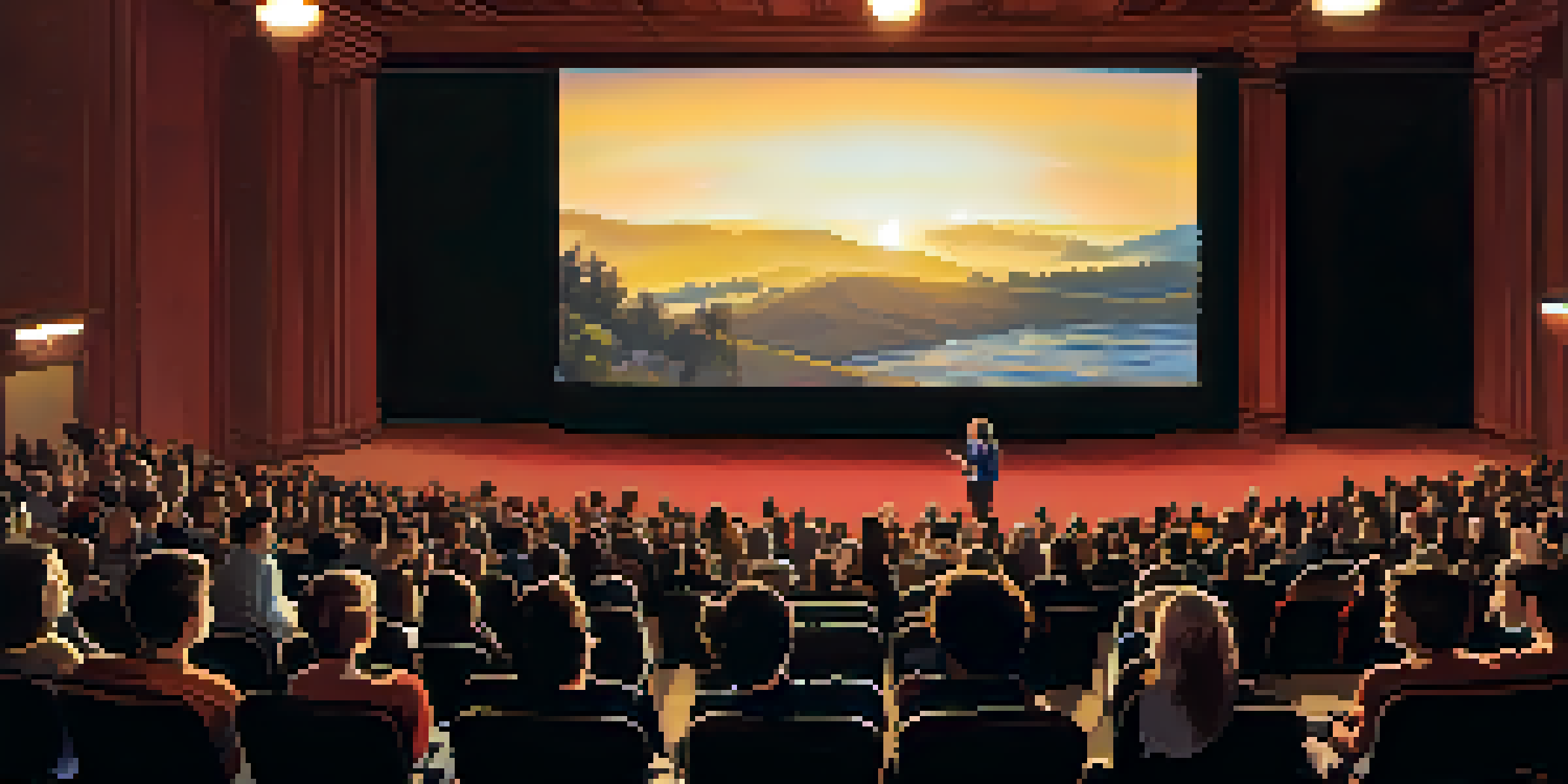 A packed cinema audience watching a film, with a bright screen and a filmmaker speaking during a Q&A session.