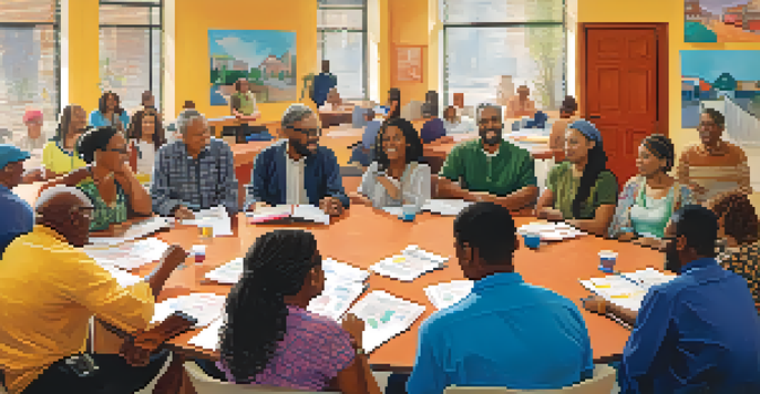 A diverse group of residents participating in a community meeting about housing initiatives, surrounded by colorful posters and bright natural light.