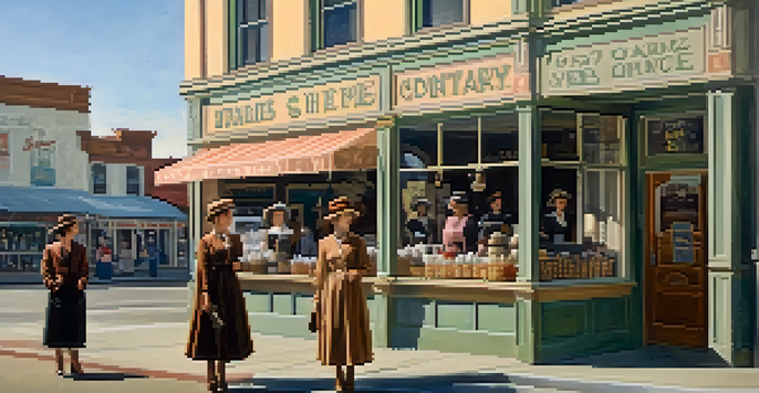 A historic scene of women in early 20th century attire outside a shop in Redwood City, showcasing their entrepreneurial spirit.