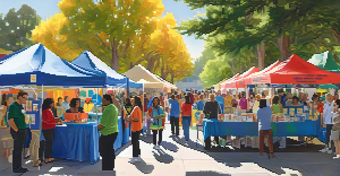 A lively community health fair in Redwood City with health professionals and diverse residents interacting under sunlight.
