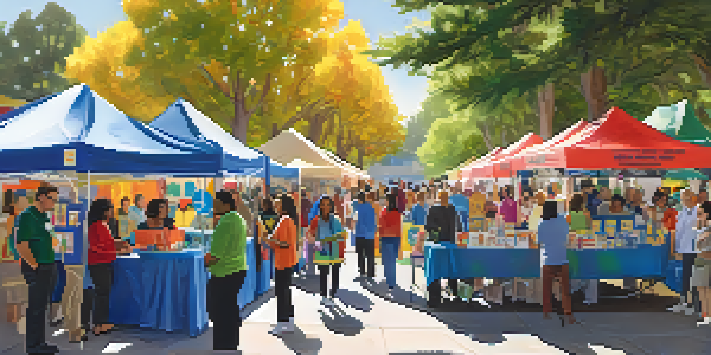 A lively community health fair in Redwood City with health professionals and diverse residents interacting under sunlight.