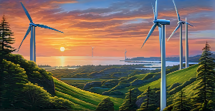A picturesque landscape of Redwood City with modern wind turbines and a colorful sunset sky, surrounded by green vegetation.