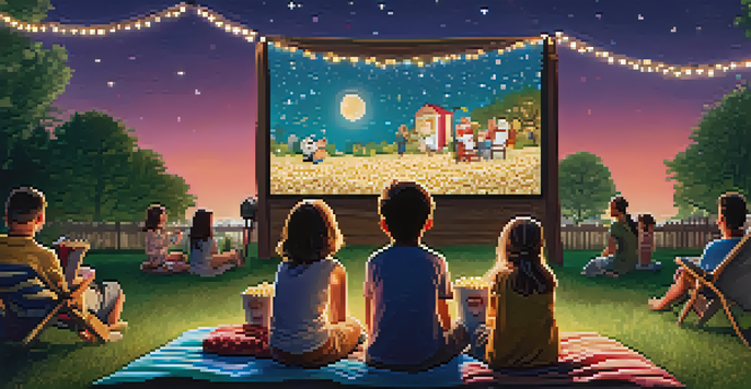 A family enjoying an outdoor movie night under the stars with blankets and popcorn in a park.