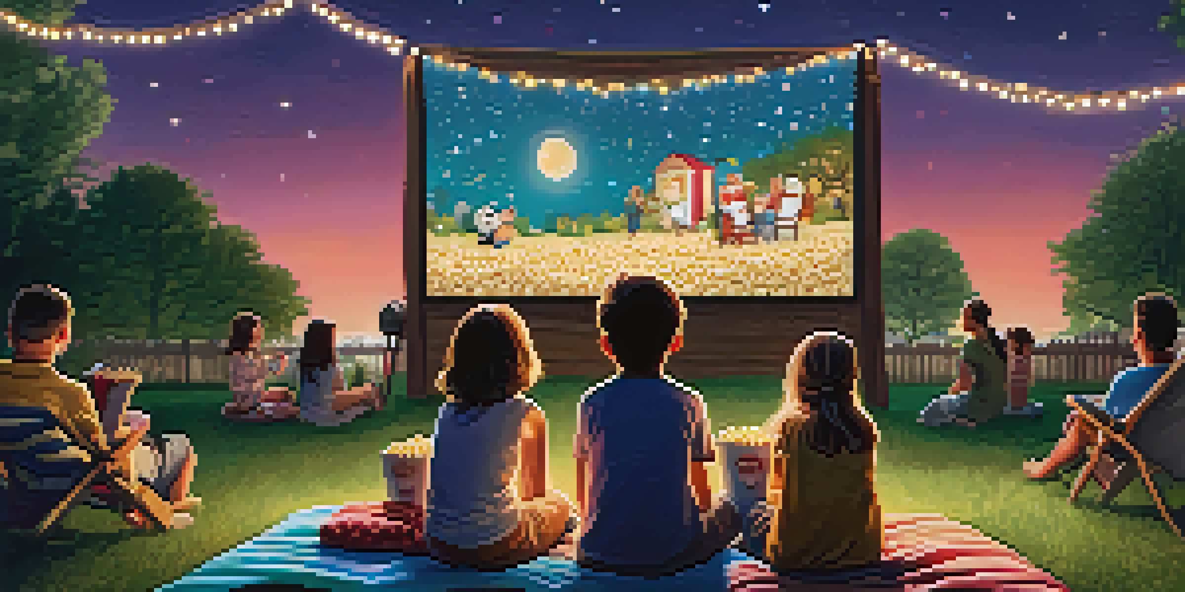 A family enjoying an outdoor movie night under the stars with blankets and popcorn in a park.