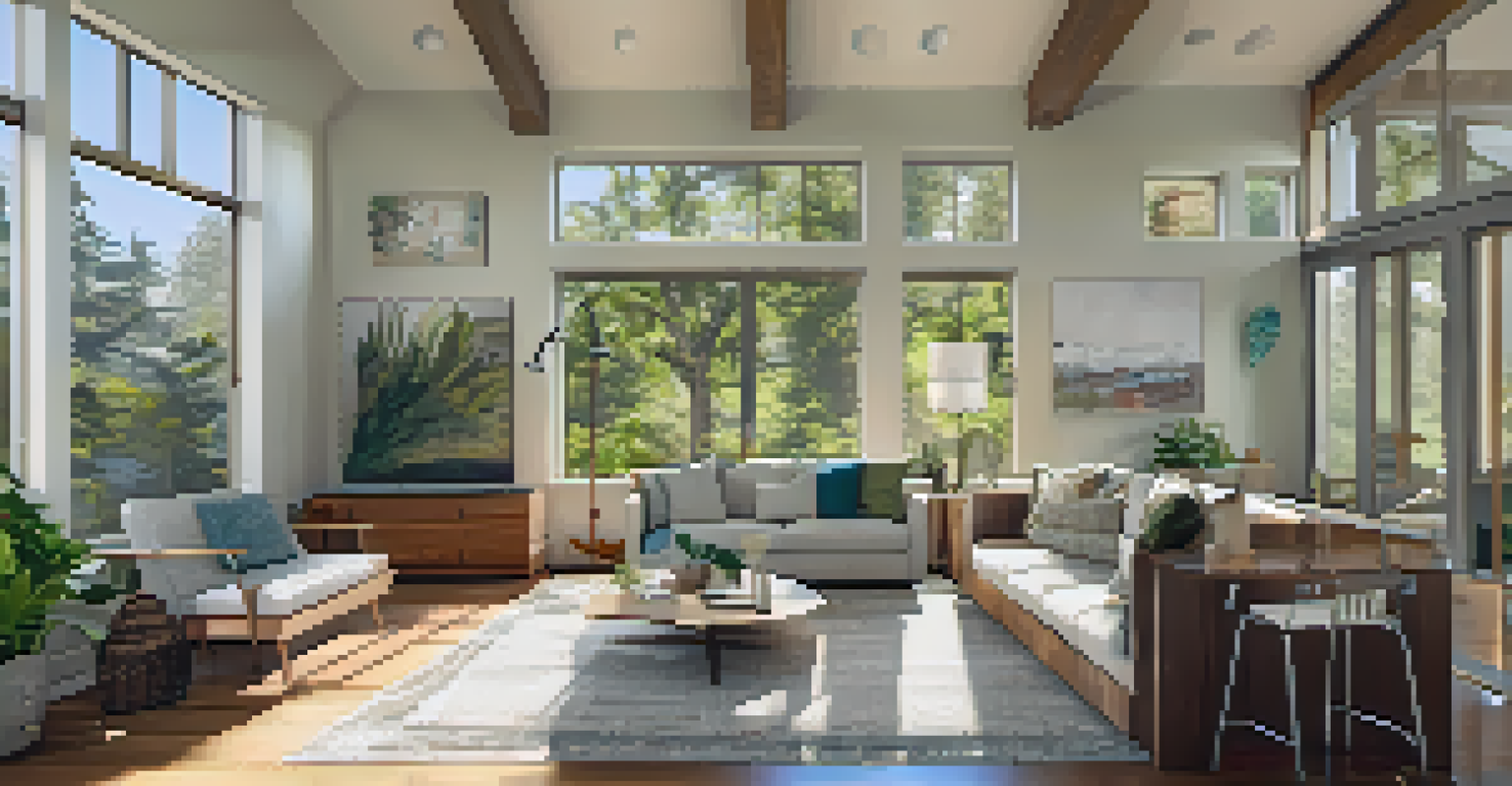 An interior view of a sustainable home with energy-efficient appliances and smart technology in a bright and inviting setting.