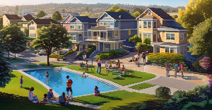 A scenic view of Redwood City with a mix of modern and residential buildings, bathed in warm sunlight during golden hour, with diverse people enjoying the parks.